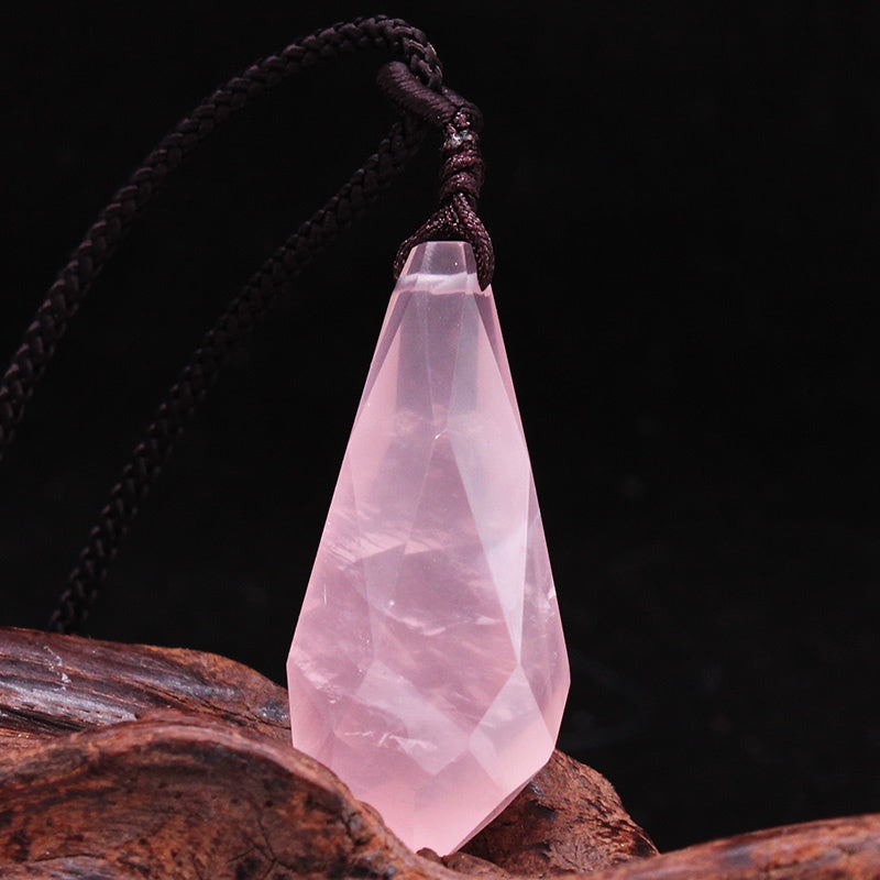 Natural crystal raw stone pendant, pink crystal drop shape, cut face, necklace for men and women, stone pendant 