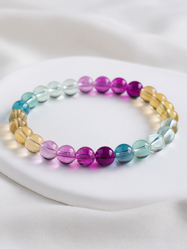Gelang kristal asli, warna gula-gula, ungu biru, fluorit pelangi, gelang bulatan tunggal, turmalin tembikai, gelang, hadiah barang kemas 