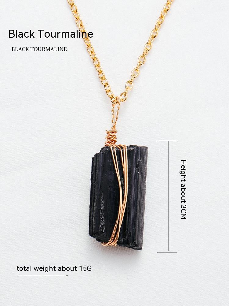 Natural Crystal Rough, Black Tourmaline, Gold Chain, Pendant, Hand-Woven, Tourmaline, Irregular, Personality Pendant
