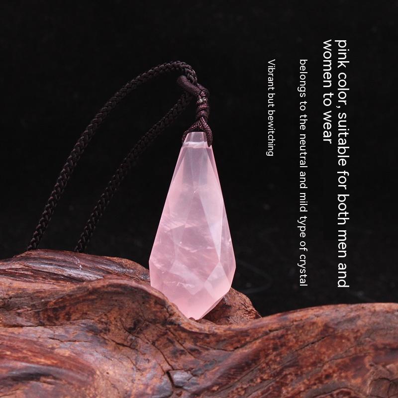 Natural crystal raw stone pendant, pink crystal drop shape, cut face, necklace for men and women, stone pendant 