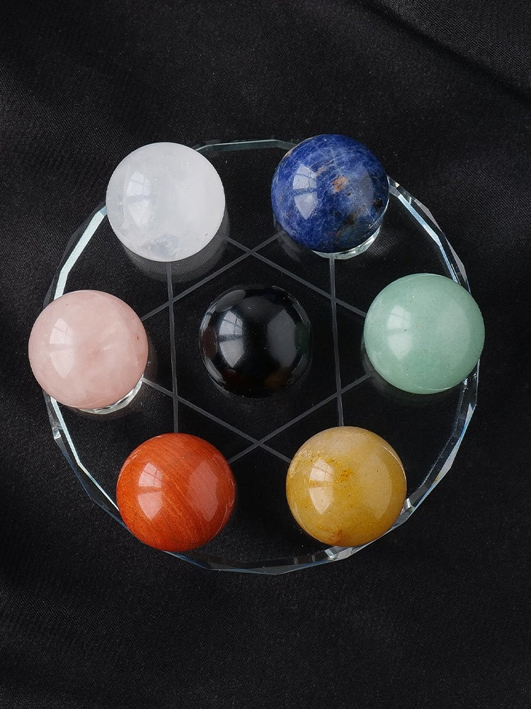 天然原石,矿石打磨,七彩,紫白粉黄黑绿水晶球,七星阵摆件,客厅,玄关,家居