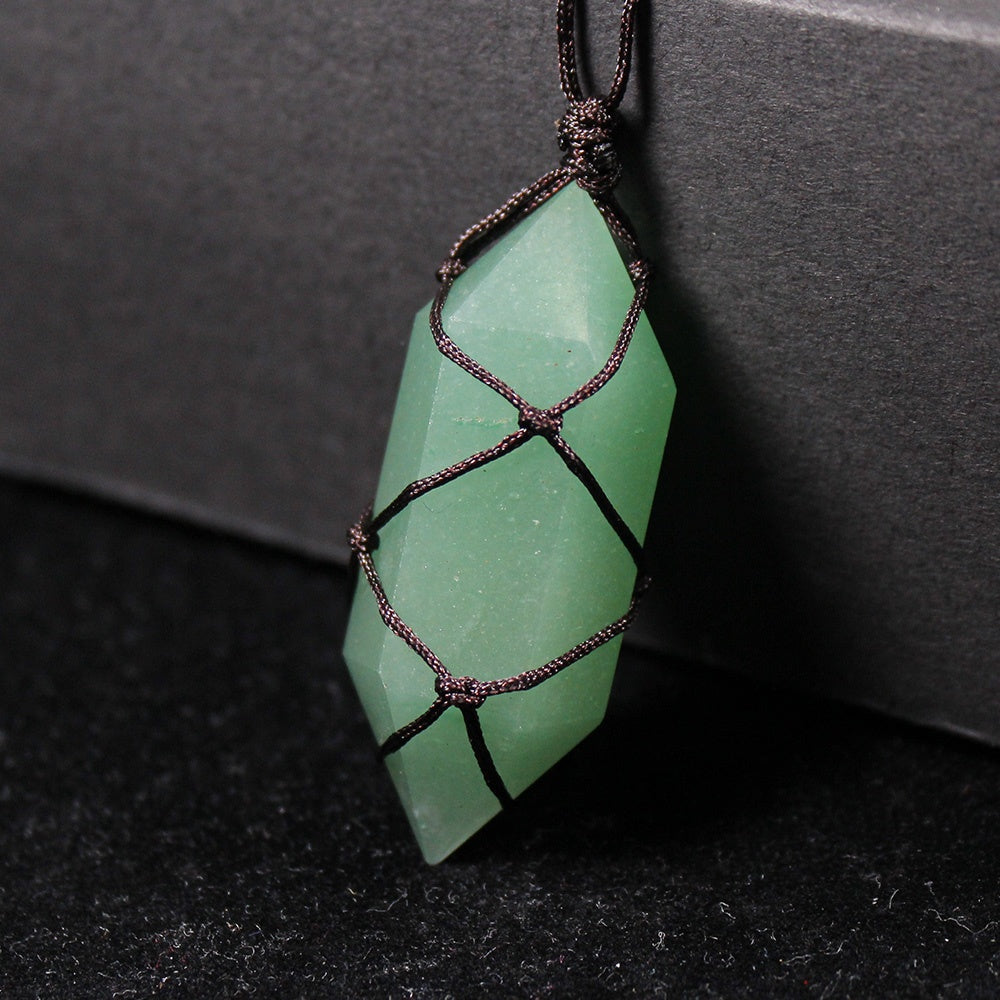 Natural Crystal Rough, Double-Pointed Hexagonal Prism, Hand-Woven Net Bag, Pendant, Jewelry, Fashion Necklace
