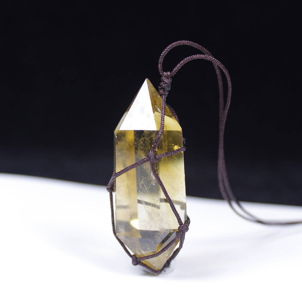 Natural Crystal Rough, Double-Pointed Hexagonal Prism, Hand-Woven Net Bag, Pendant, Jewelry, Fashion Necklace